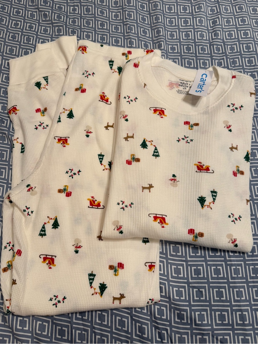 Carter's Cream Holiday Thermal Pajama Set with Santa & Trees Print